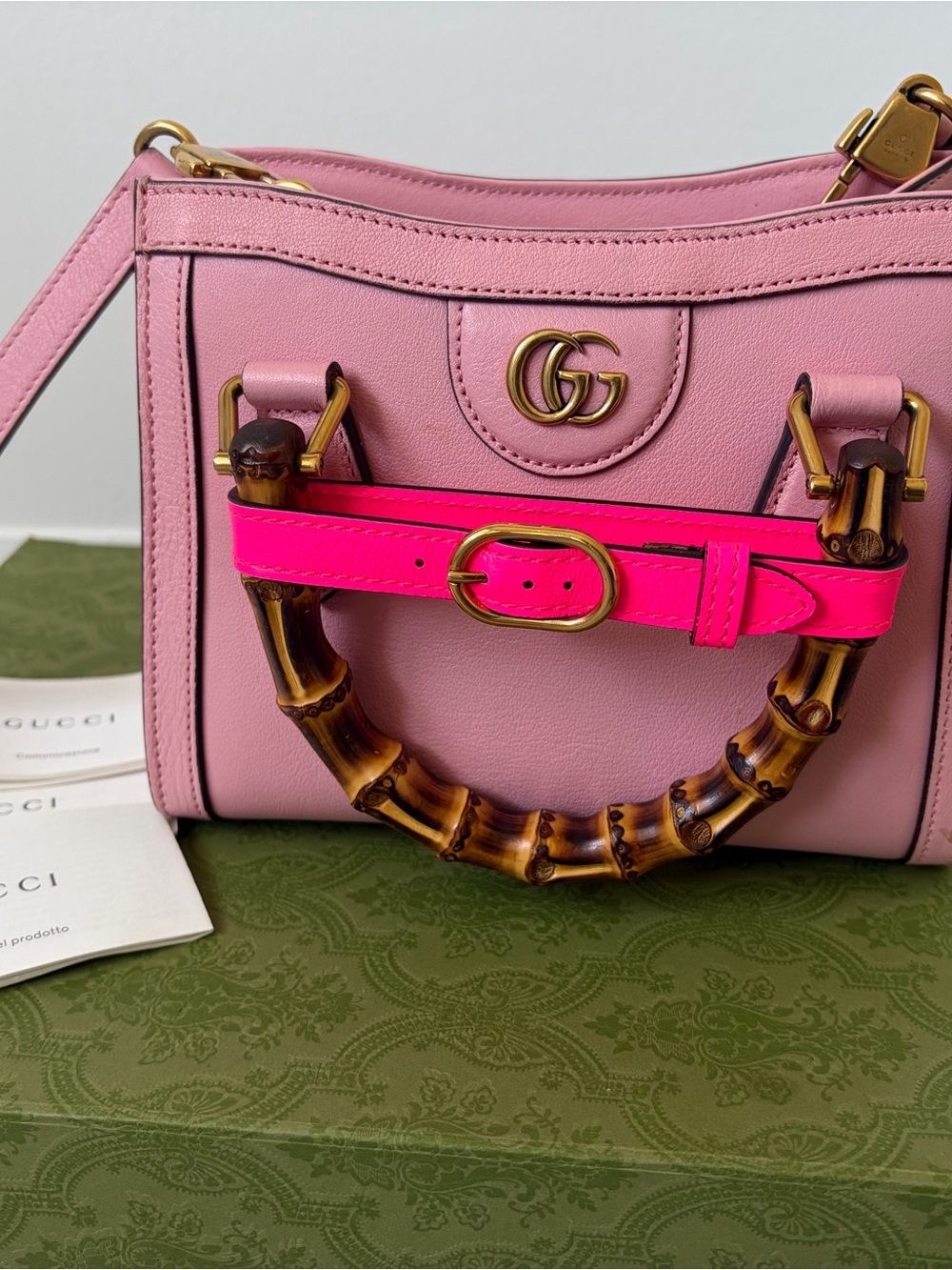 Gucci Pink Leather Mini Top-Handle Bag with Bamboo Handles and Neon Pink Strap - Picture 10 of 10